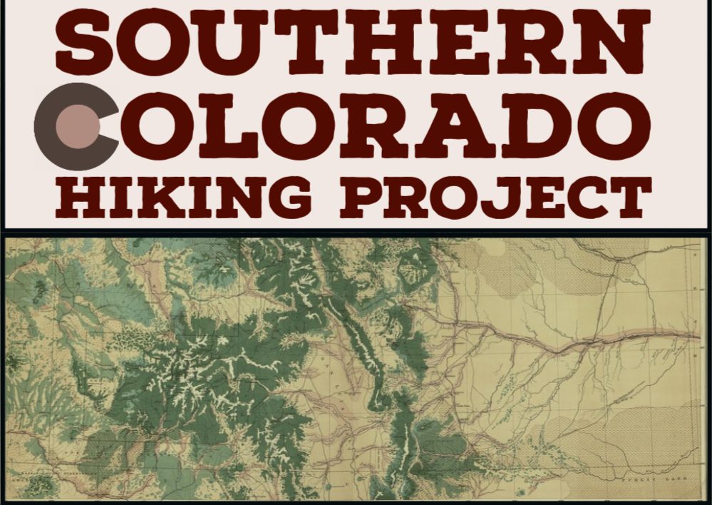 Rectangle the Shape of Colorado with only the Southern half represented on an old topographical map. The Northern half of the map is replaced with text reading "Southern Colorado Hiking Project"