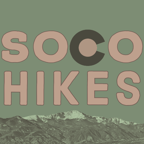 Green Background with a picture of Pikes Peak - Text Reads "SoCo Hikes" with the Colorado "C" superimposed as the C in "SoCo"